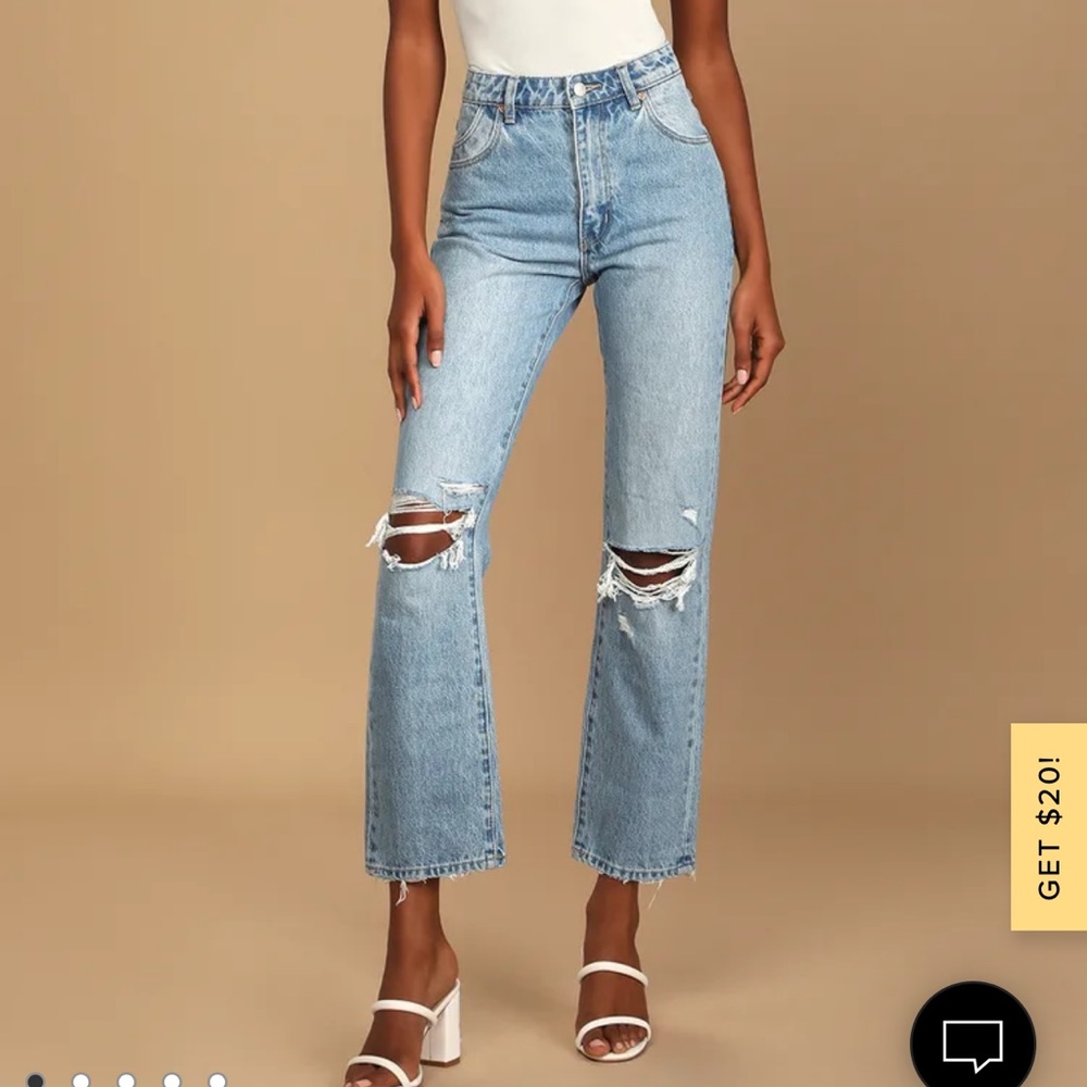 Rollas Original Straight Light Wash High Rise Distressed Denim Jeans